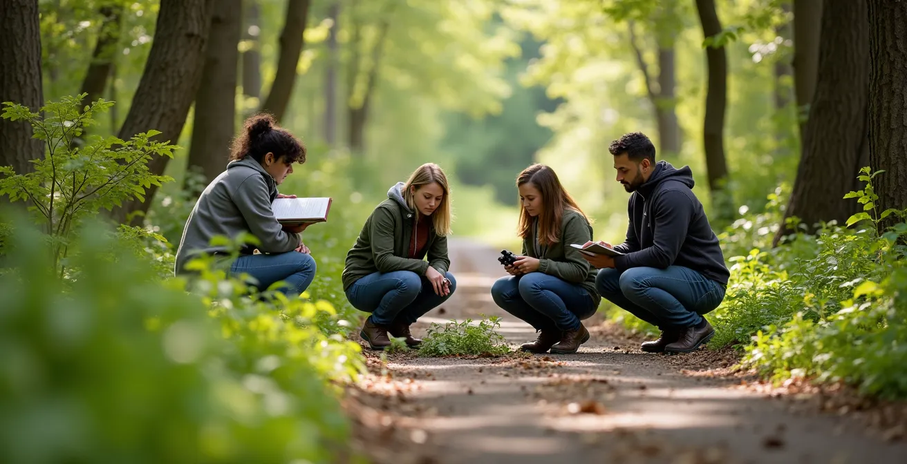 Groupe de citoyens naturalistes documentant la biodiversité dans un boisé urbain avec tablettes et carnets d'observation
