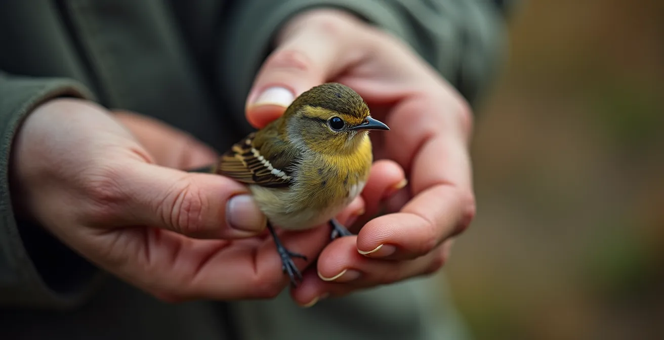 Bagueur certifié manipulant délicatement un passereau lors d'une session de baguage scientifique