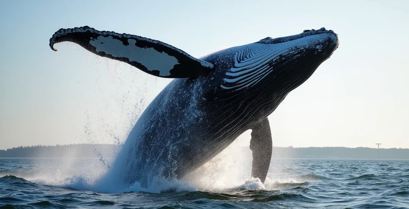 Baleine à bosse en plein saut hors de l'eau dans l'estuaire du Saint-Laurent