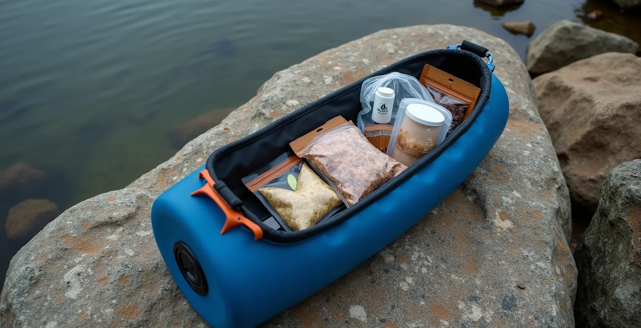 Baril étanche et équipement de camping minimaliste soigneusement organisé près d'un canot sur la rive d'un lac