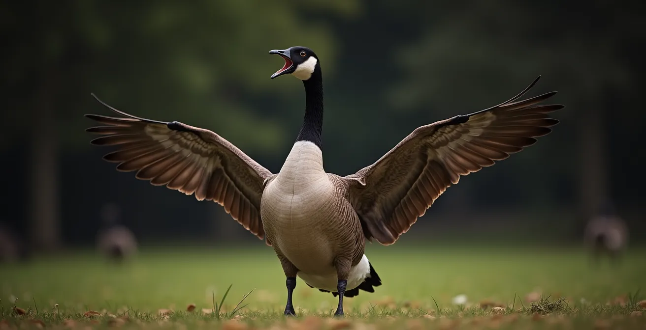 Bernache du Canada en posture défensive avec le cou tendu et les ailes déployées