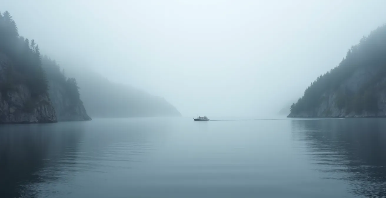 Brume matinale mystérieuse enveloppant l'embouchure du fjord du Saguenay avec une silhouette de bateau d'observation