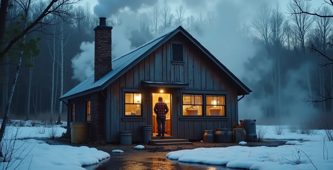 Cabane à sucre traditionnelle québécoise avec vapeur s'échappant par temps printanier précoce