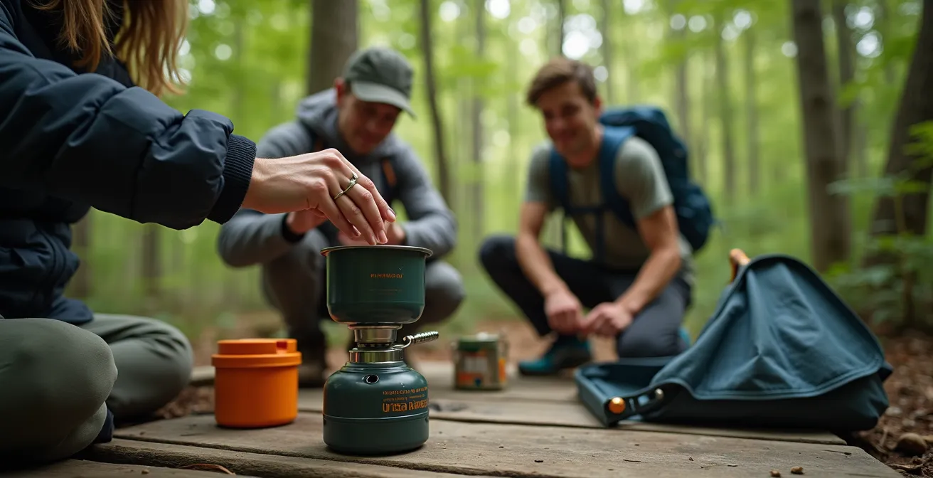 Campement minimaliste installé sur une plateforme de camping désignée dans une forêt québécoise