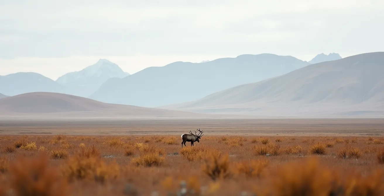 Caribou solitaire minuscule dans l'immensité de la toundra du Nunavik avec montagnes en arrière-plan