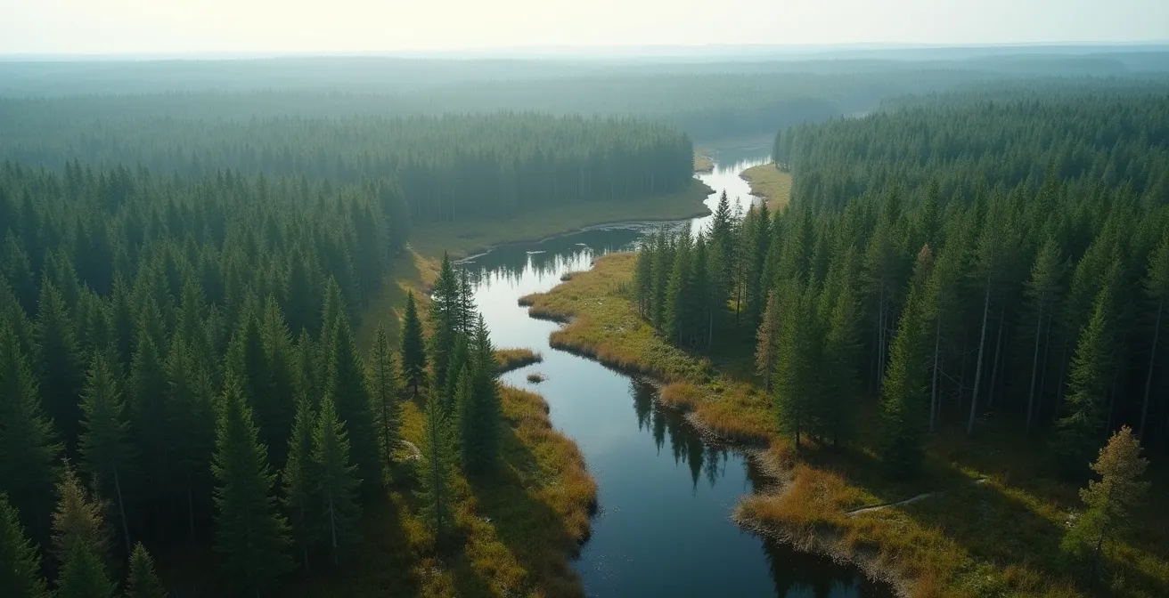 Vue aérienne d'une forêt boréale québécoise montrant la diversité de l'écosystème