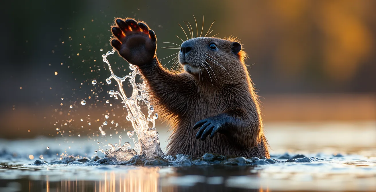 Castor frappant l'eau de sa queue plate créant des éclaboussures