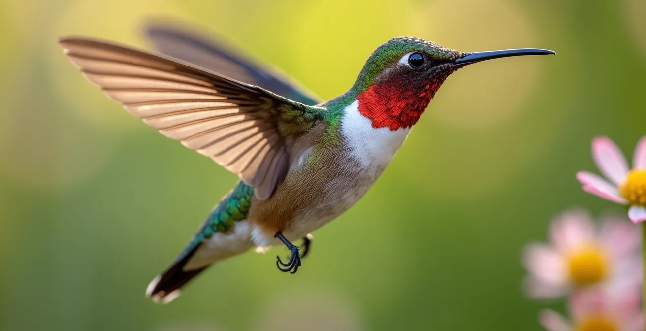 Colibri à gorge rubis en vol stationnaire avec détails des plumes parfaitement nets