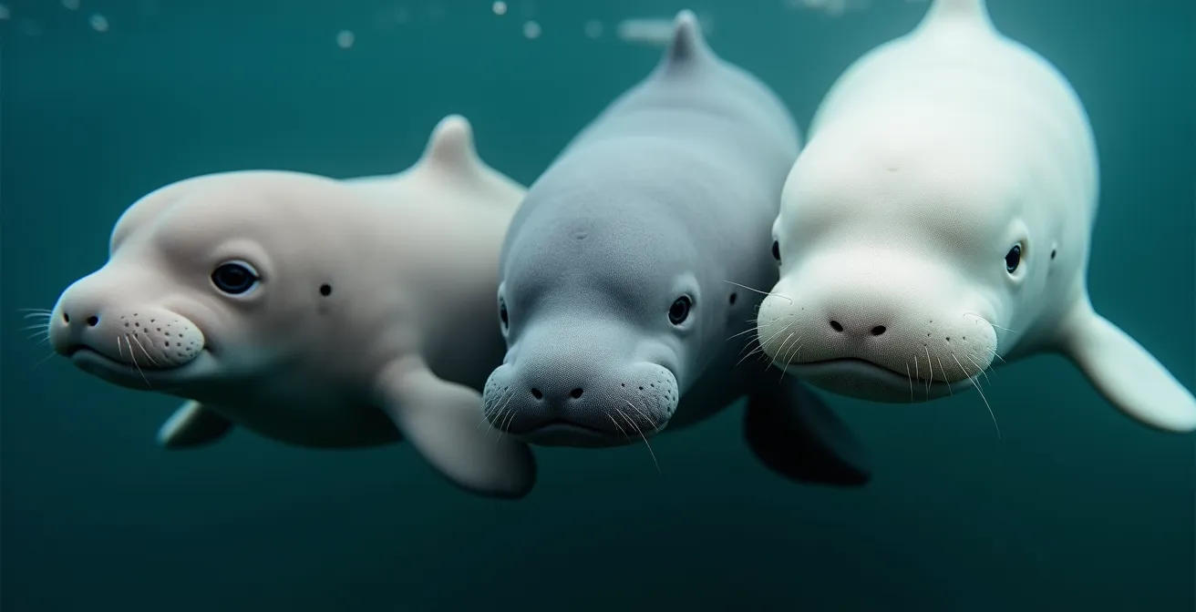 Trois bélugas de différents âges montrant l'évolution de la couleur de peau du brun au blanc