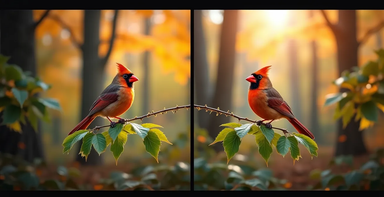 Comparaison visuelle du champ de vision entre jumelles 8x42 et 10x50 dans une forêt québécoise