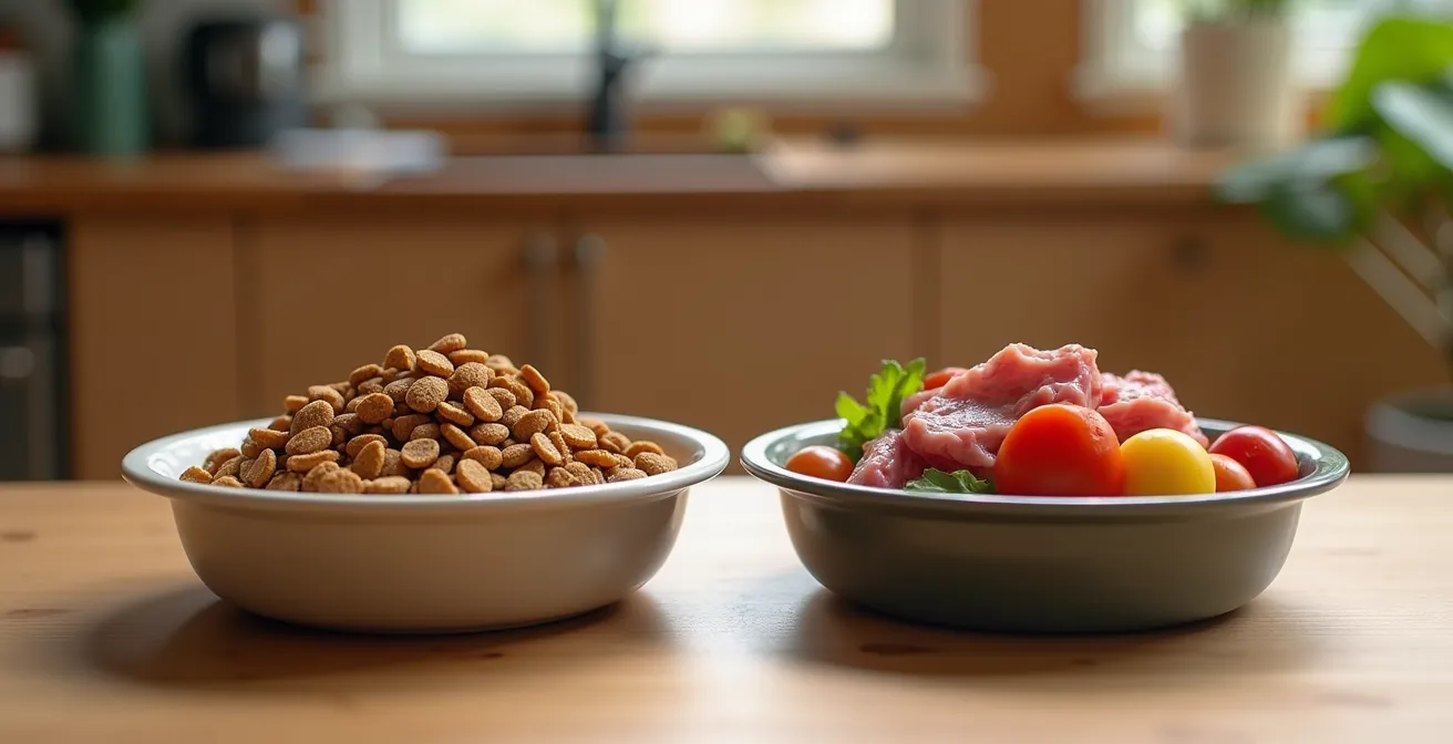 Deux gamelles de chien montrant croquettes et nourriture crue dans une cuisine québécoise