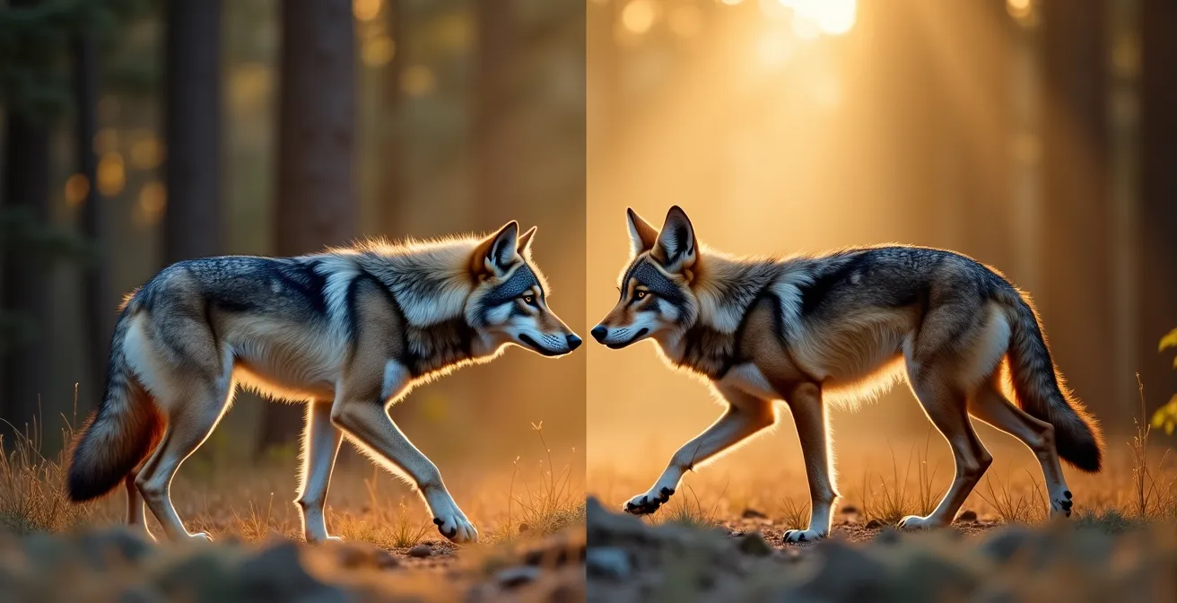 Comparaison visuelle en profil du loup gris et du coyote dans leur habitat naturel