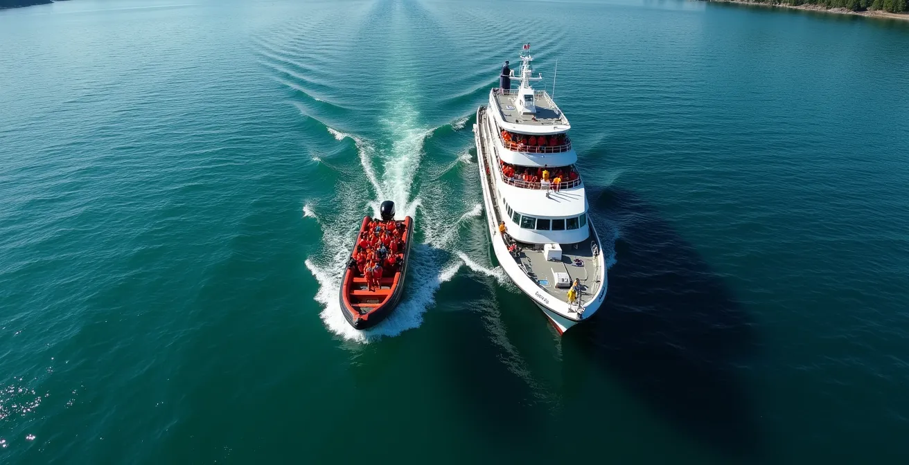 Vue latérale comparative d'un zodiac et d'un grand navire d'observation dans les eaux calmes du Saint-Laurent