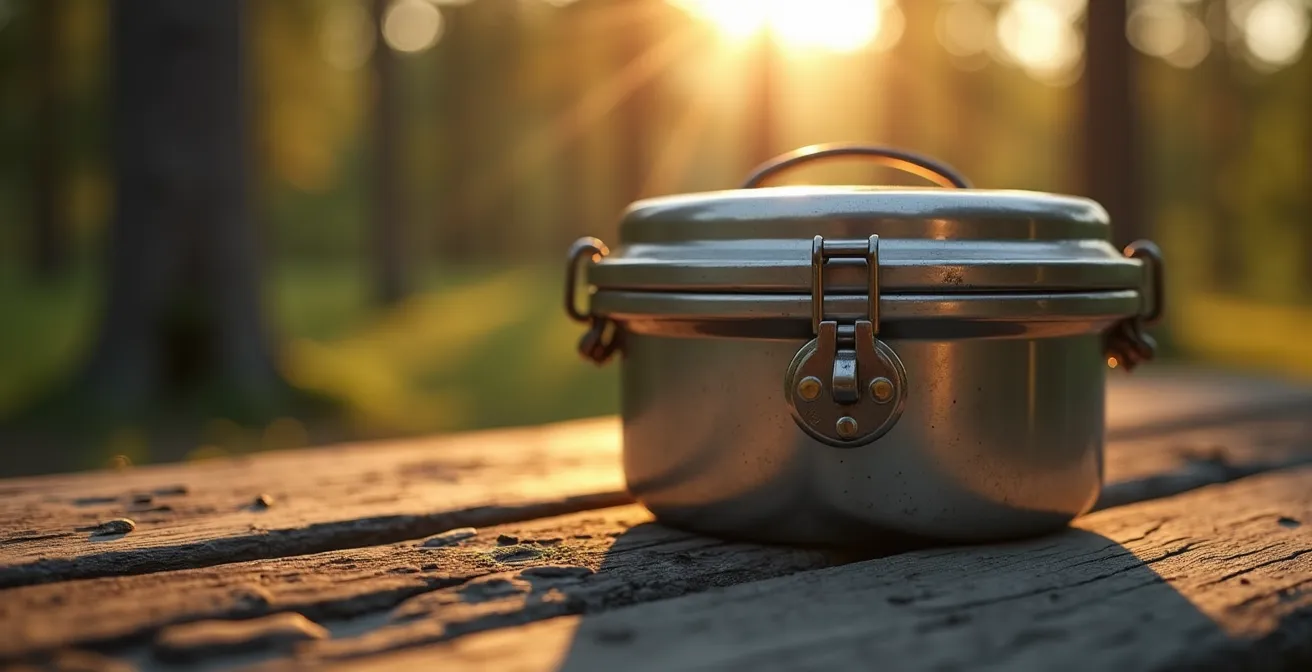 Installation de contenants certifiés anti-ours dans un camping des Laurentides avec vue sur la forêt boréale au crépuscule