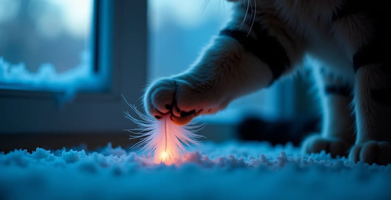 Chat en pleine séance de jeu au crépuscule hivernal avec jouet phosphorescent