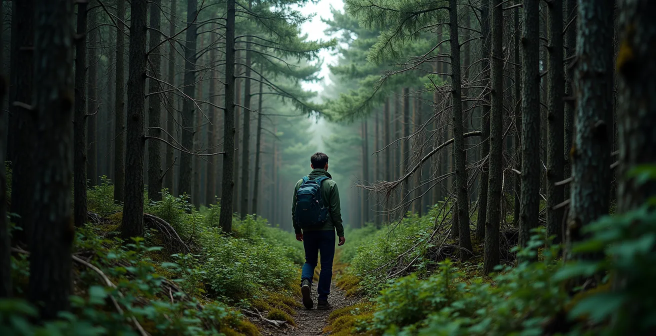 Vue immersive d'un randonneur face à l'enchevêtrement impénétrable d'une jeune forêt d'épinettes post-coupe