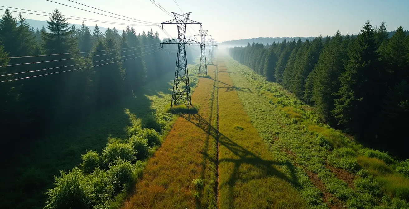 Vue aérienne d'une emprise de ligne électrique transformée en corridor végétal avec arbustes indigènes