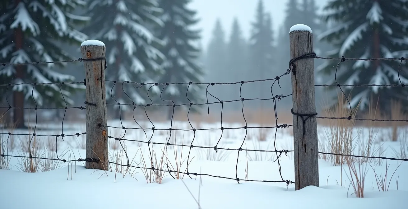 Structure d'enclos de protection pour caribous dans le parc des Grands-Jardins en hiver