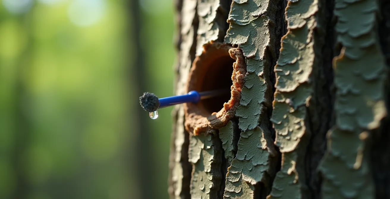 Gros plan sur le tronc d'un érable montrant les cicatrices d'entailles passées et une nouvelle entaille avec chalumeau