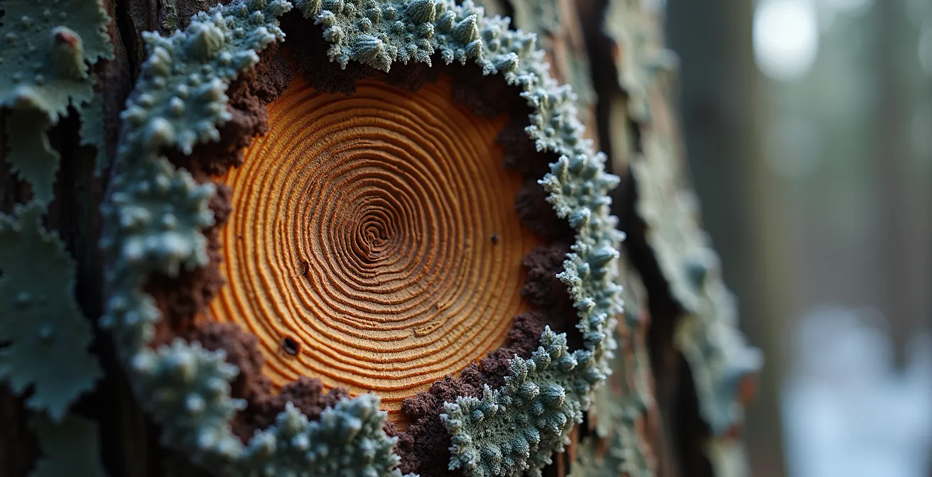 Vue macro de l'écorce d'une épinette noire centenaire montrant les anneaux de croissance serrés