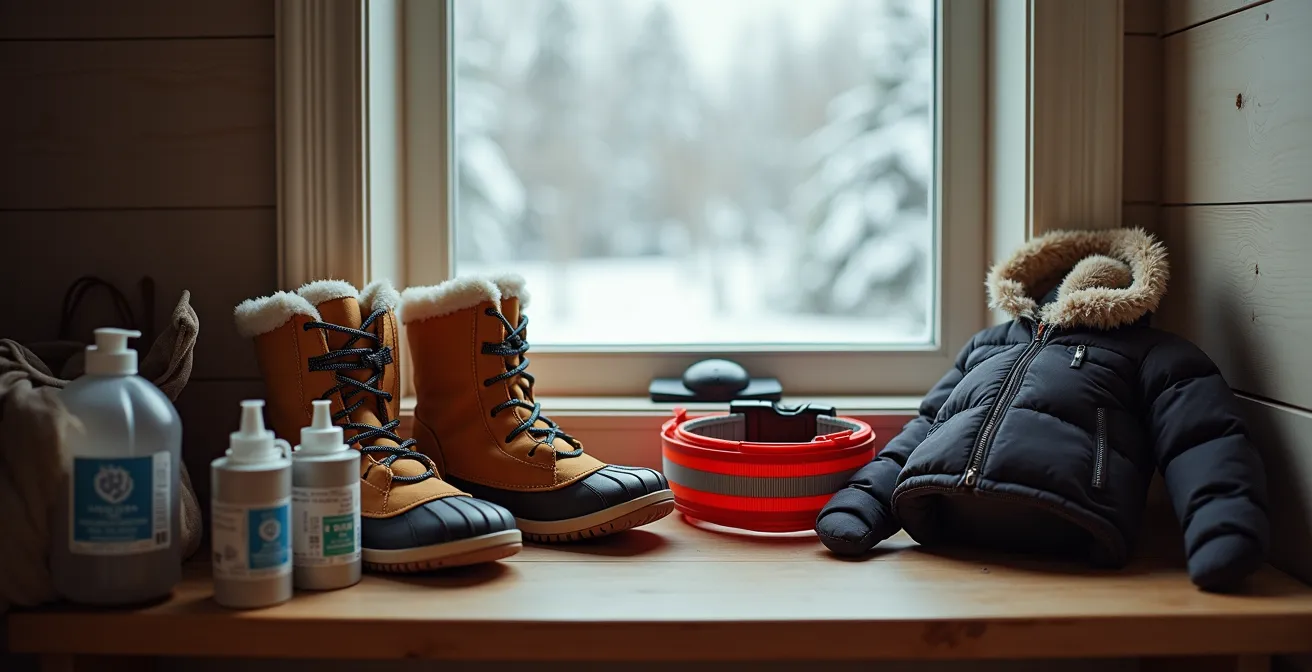 Équipement essentiel d'hiver pour chien disposé sur un banc d'entrée québécois