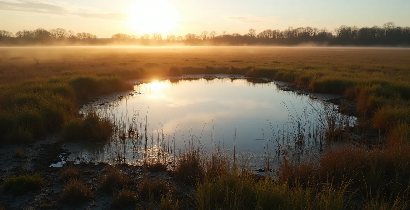 Vue aérienne d'un étang temporaire printanier entouré de végétation émergente dans une prairie humide québécoise