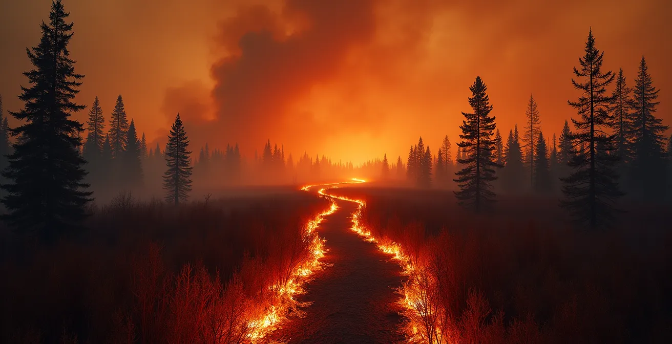 Feu de surface progressant rapidement à travers le tapis de lichen sec de la taïga