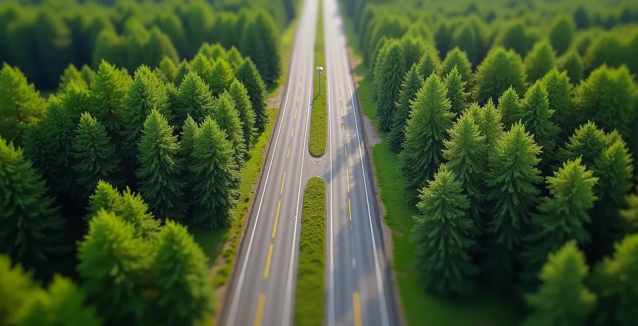 Vue aérienne montrant la fragmentation d'un milieu naturel par des routes et développements urbains