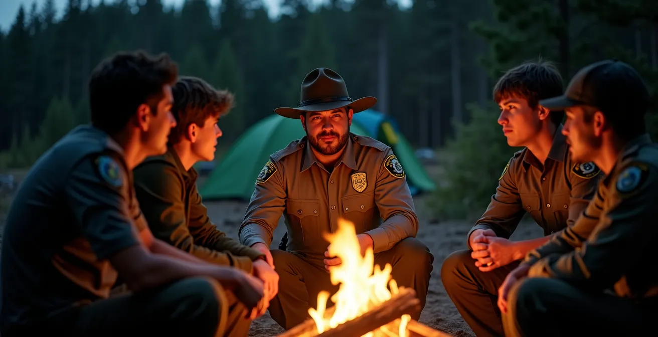 Un garde-parc en discussion calme avec des campeurs autour d'un feu de camp au Québec