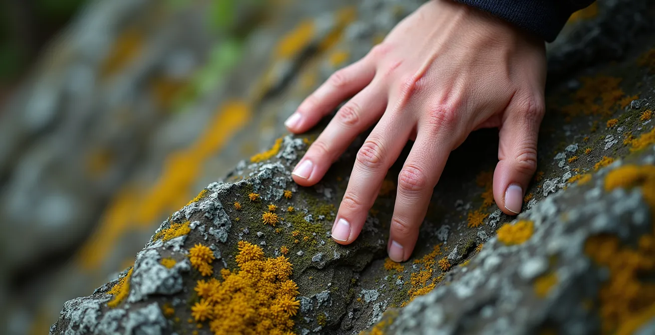 Gros plan sur une main touchant une roche ancienne du Bouclier canadien recouverte de lichen