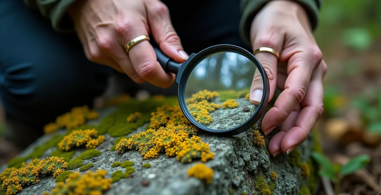 Gros plan macro d'un guide montrant des détails de lichen sur une roche