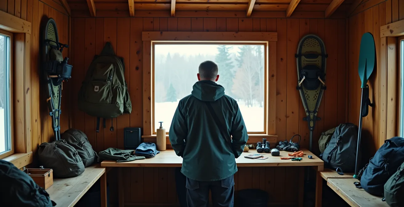 Guide naturaliste organisant son équipement saisonnier dans un refuge forestier