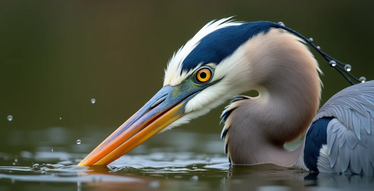 Gros plan macro du bec et de l'œil d'un grand héron au moment de frapper sa proie sous l'eau