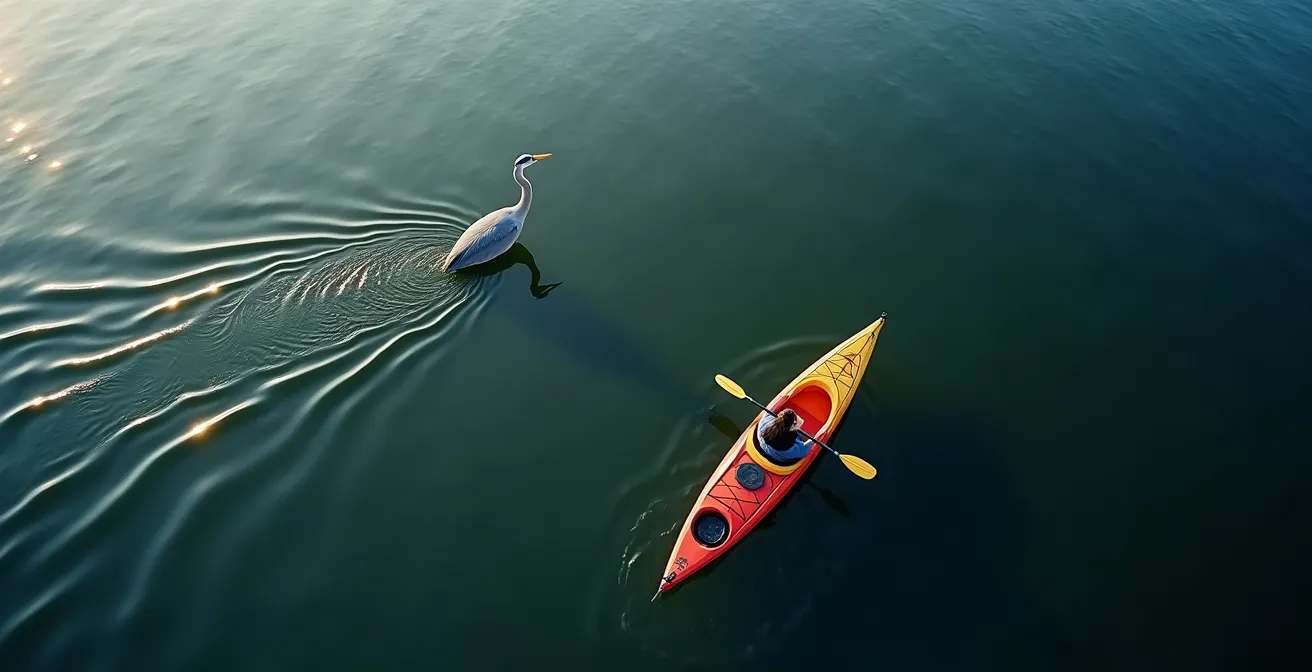 Vue aérienne minimaliste d'un kayak dérivant latéralement vers un héron sur le fleuve Saint-Laurent
