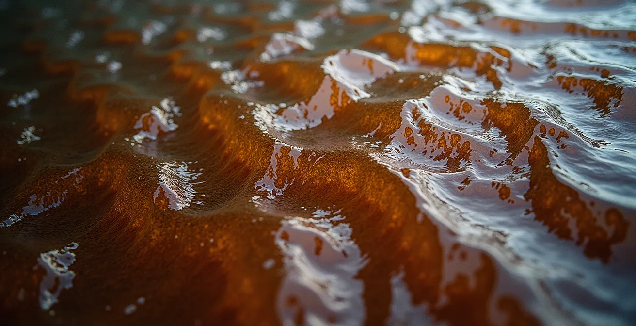Vue macro détaillée de l'eau sombre d'une rivière avec formations de vagues en V