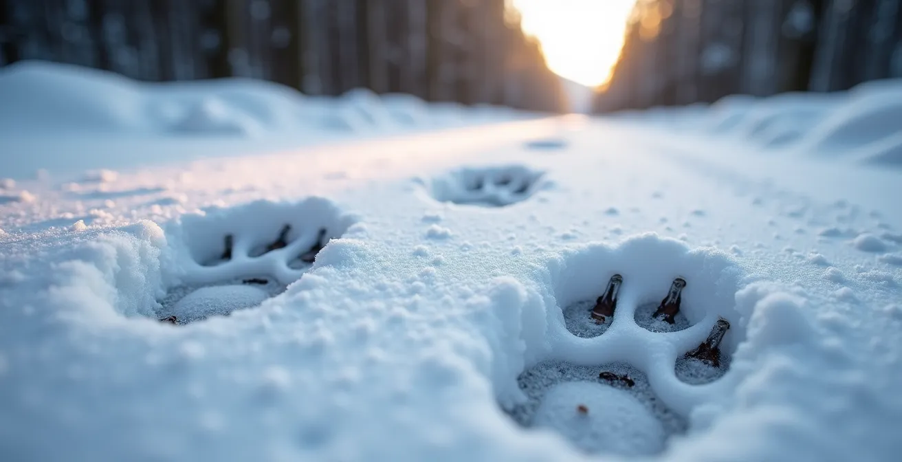 Traces de loup dans la neige sur un chemin forestier au Québec