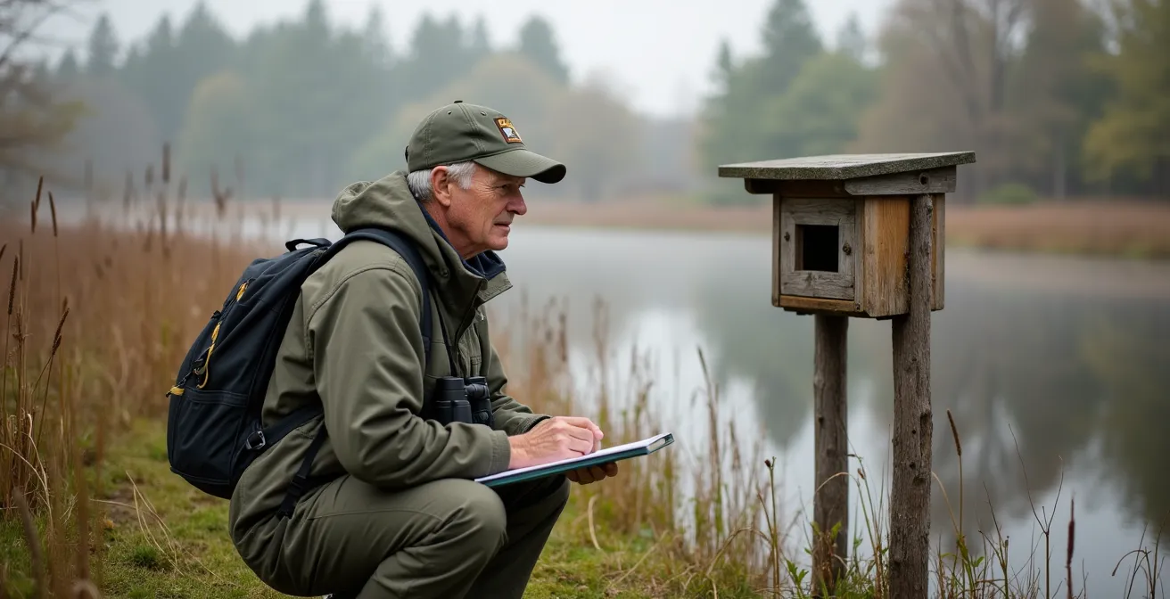 Observateur d'atlas sur le terrain avec carnet de notes et jumelles dans un habitat de nidification