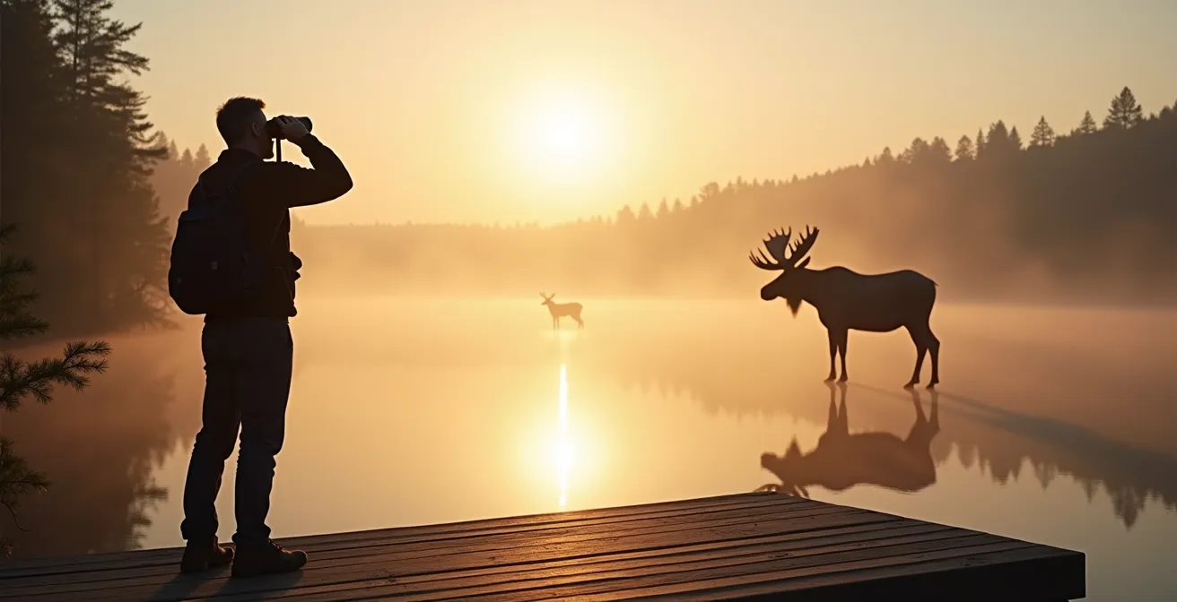 Observateur de la faune utilisant des jumelles à distance sécuritaire dans un parc national québécois