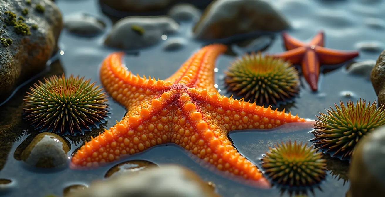 Gros plan d'étoiles de mer oranges et d'oursins verts dans une cuvette rocheuse à marée basse avec des algues
