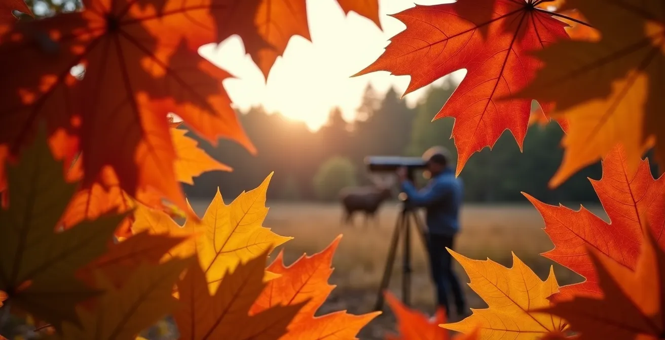Observateur avec télescope observant un orignal mâle dans une clairière automnale québécoise