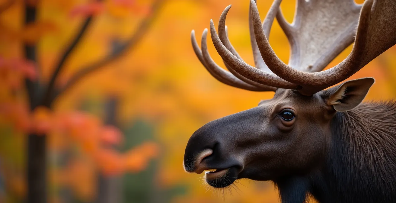 Orignal mâle en période de rut dans une forêt d'automne québécoise