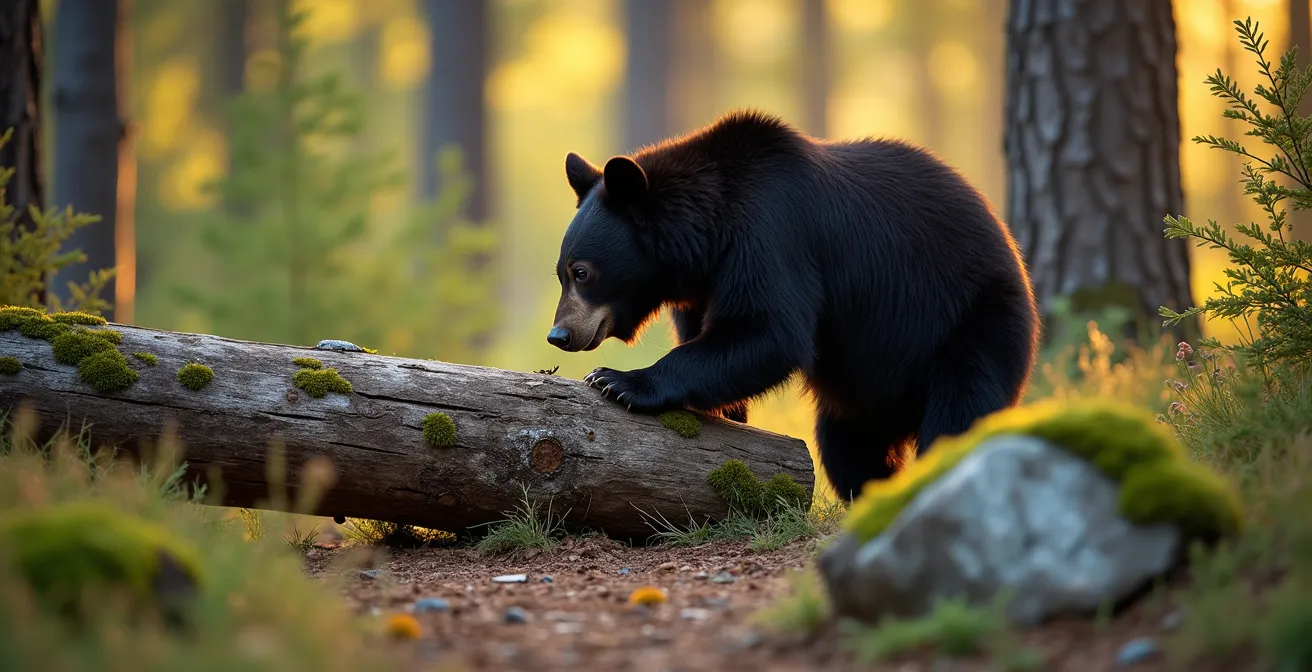 Ours noir retournant une souche pour chercher des insectes dans son habitat naturel de la forêt boréale