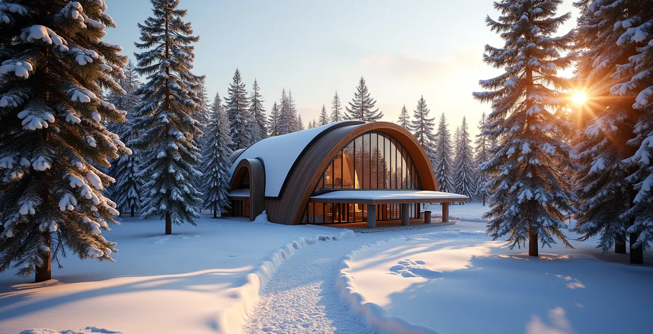 Vue extérieure du pavillon principal en forme d'hémicycle entouré de sapins enneigés au coucher du soleil