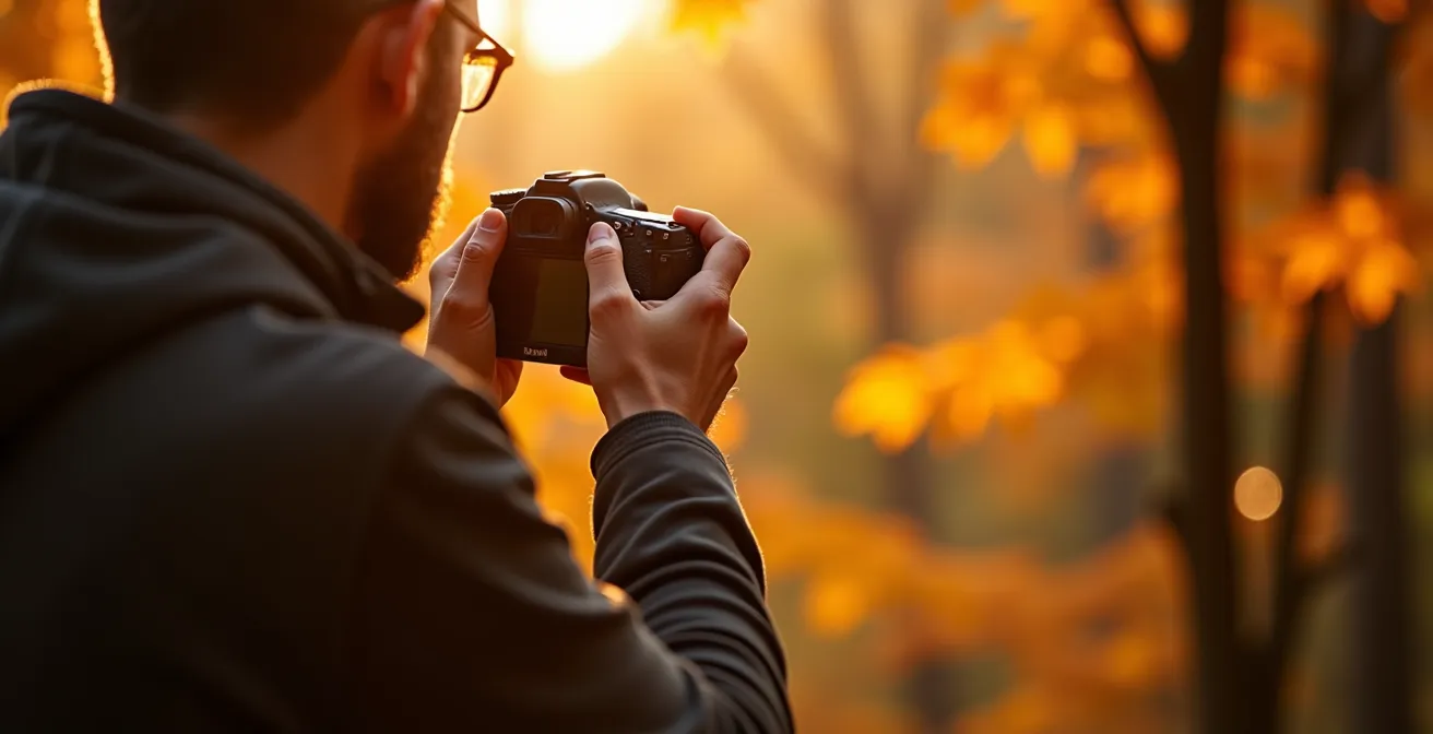 Photographe capturant les couleurs automnales après une pluie au Québec