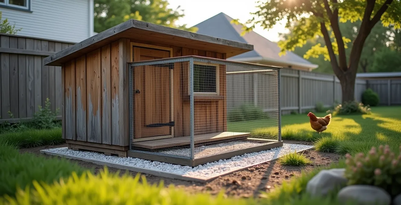 Vue en coupe d'un poulailler urbain montrant l'installation du grillage enterré en forme de L