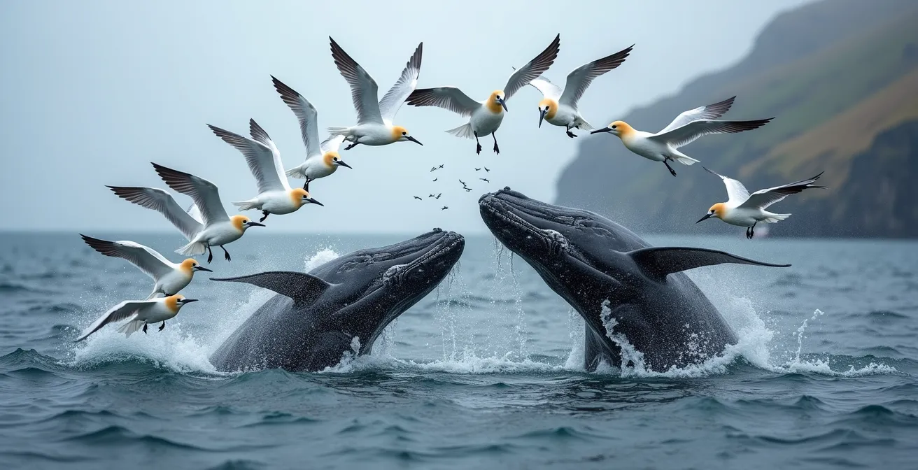 Fous de Bassan plongeant en piqué au-dessus d'un groupe de baleines dans l'estuaire du Saint-Laurent