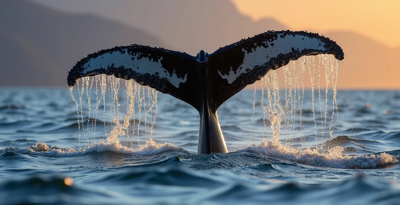 Queue de baleine à bosse plongeant avec ses motifs distinctifs noir et blanc visibles