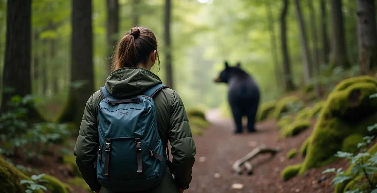 Randonneur restant calme et immobile sur un sentier forestier des Laurentides face à un ours noir à distance sécuritaire