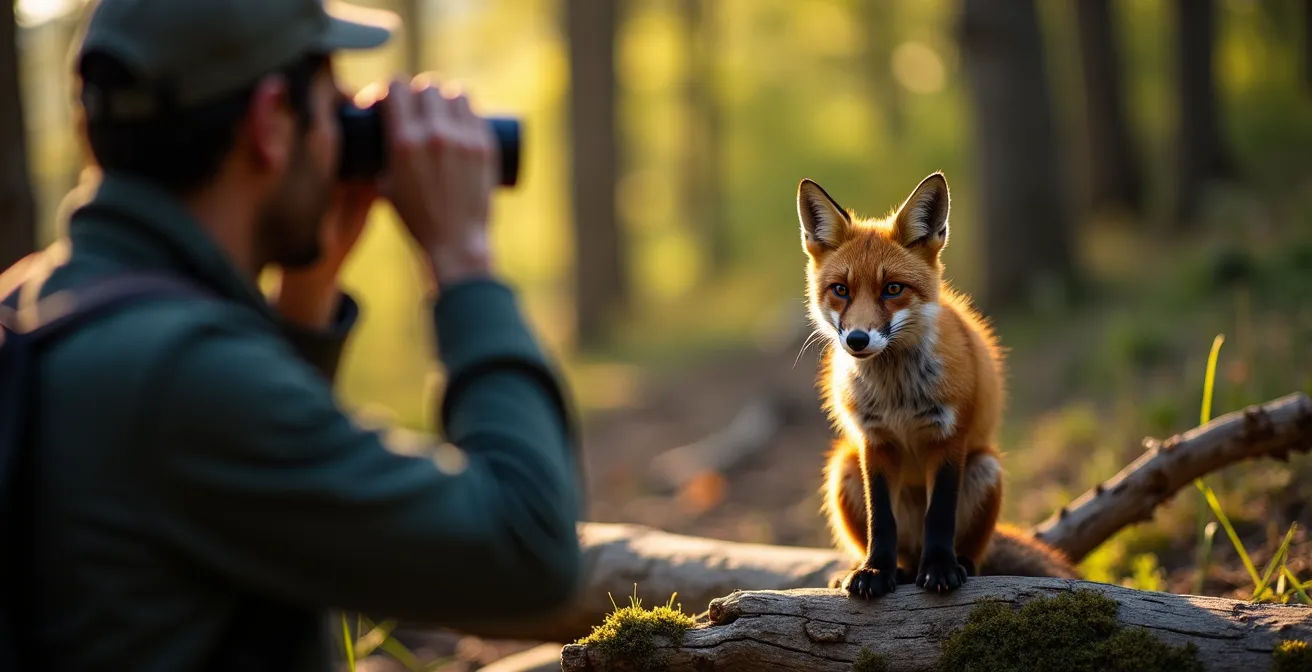 Randonneur utilisant des jumelles pour observer un renard roux à distance sécuritaire dans un parc québécois