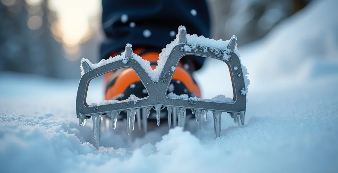 Gros plan sur des raquettes avec crampons mordant dans la neige glacée d'un sentier des Laurentides